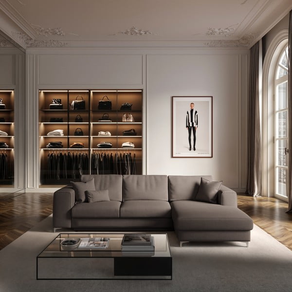 Sivorjava žametna raztegljiva kotna sedežna garnitura s prostorom za shranjevanje (desni kot/z ležalnikom) Rene – Rodier-image-1