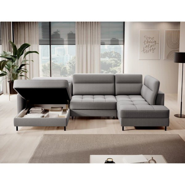 Svetlo siva žametna raztegljiva/s prostorom za shranjevanje kotna sedežna garnitura (desni kot/v obliki črke "U") Berrto – ELTAP-image-2