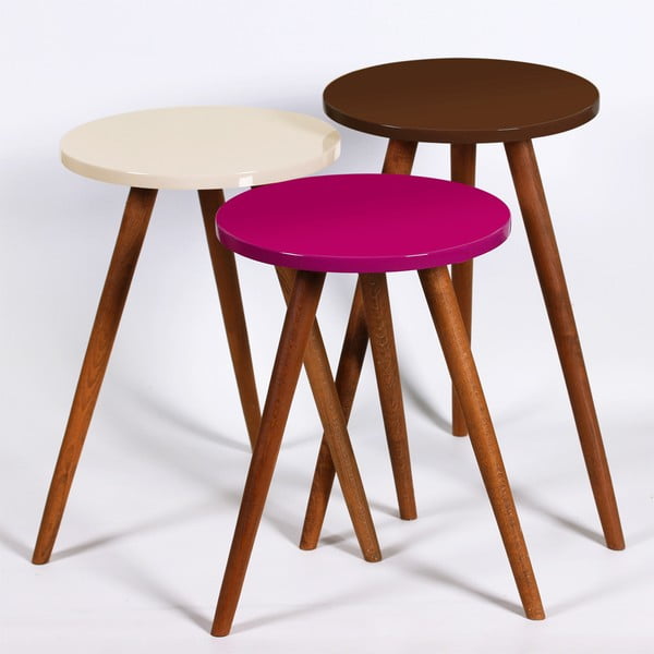 Komplet 3 okroglih stranskih mizic Kate Louise (vijolična, krem, rjava)
