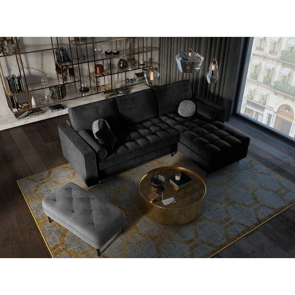 Črna žametna raztegljiva sedežna garnitura Milo Casa Santo, desni kot-image-1