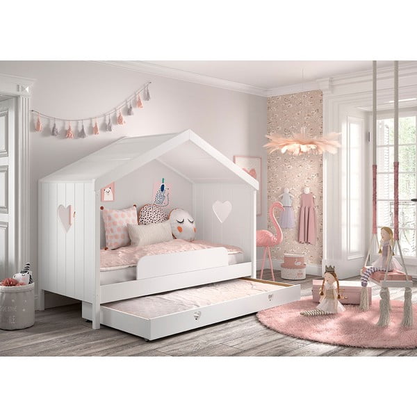 Bela otroška postelja iz masivnega bora v obliki hiške z dodatnim ležiščem in prostorom za shranjevanje 90x200 cm AMORI – Vipack-image-2