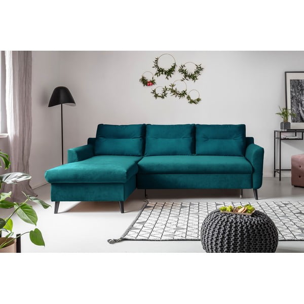 Turkizna žametna raztegljiva sedežna garnitura Miuform Stylish Stan, levi kot-image-1