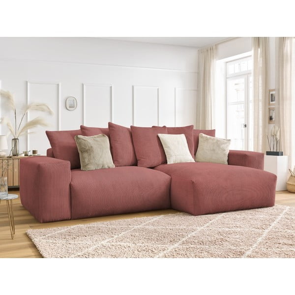 Rožnata raztegljiva/s prostorom za shranjevanje kotna sedežna garnitura iz rebrastega žameta Voltaire – Bobochic Paris-image-4