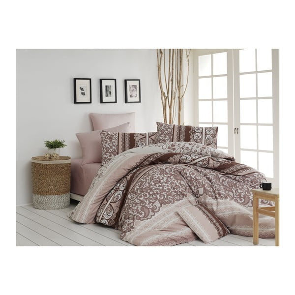 Rjava bombažna posteljnina z rjuho za zakonsko posteljo Madeline, 200 x 220 cm