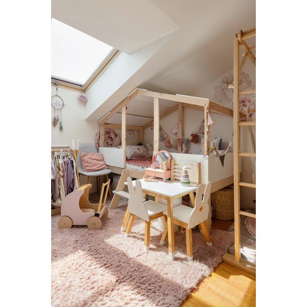 Dvignjena otroška postelja v obliki hiške v beli in naravni barvi Marckeric Parma, 90 x 190 cm-image-1
