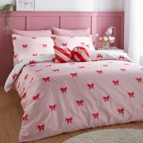 Rožnata enojna posteljnina 135x200 cm Dotty Bows – Sassy B-image-1
