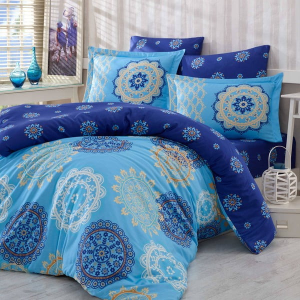 Bombažno posteljno perilo z rjuho in 2 prevleki za vzglavnik Otoman Modra, 200 x 220 cm