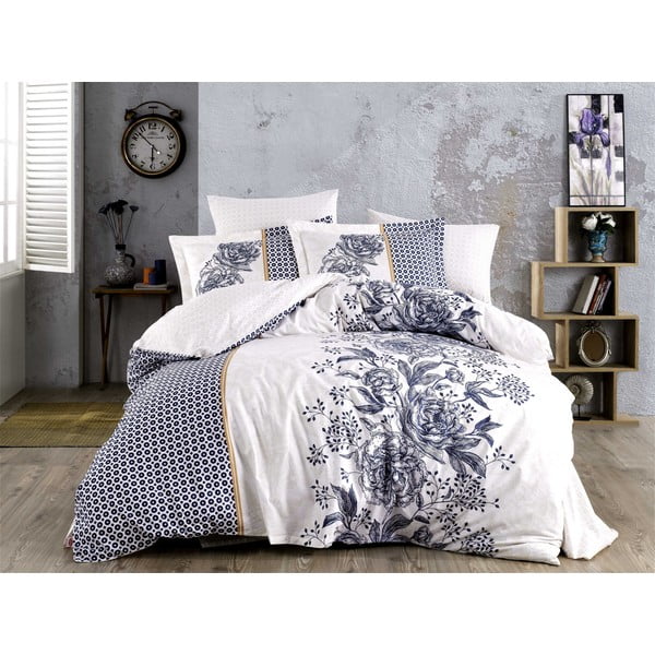 Posteljno perilo z rjuho za zakonsko posteljo iz poplina Hobby Arianna Blue, 200 x 220 cm