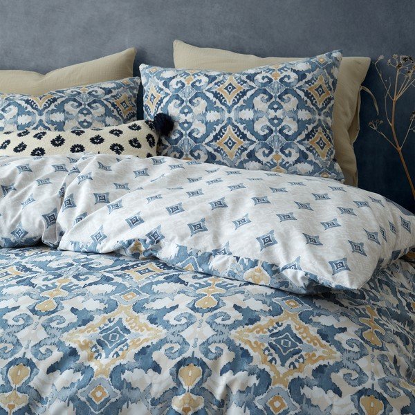 Modra/kremno bela posteljnina za zakonsko posteljo 200x200 cm Inara Ikat – Pineapple Elephant-image-4