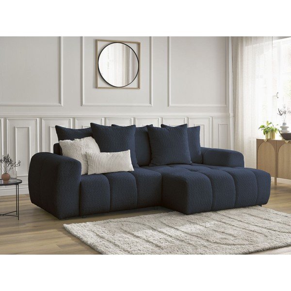 Modra raztegljiva kotna sedežna garnitura iz tkanine bouclé s prostorom za shranjevanje (desni kot/z ležalnikom) Roxelane – Bobochic Paris-image-4