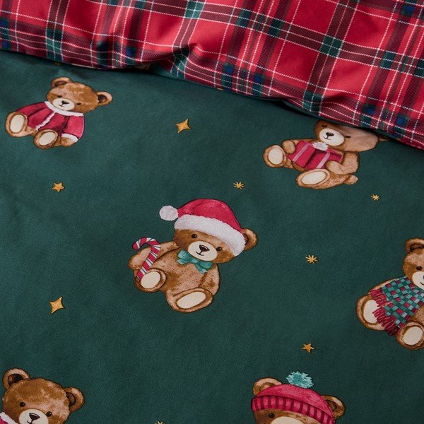 Rdeča/temno zelena enojna posteljnina 150x120 cm Christmas Tartan Teddy Bear – Catherine Lansfield-image-2
