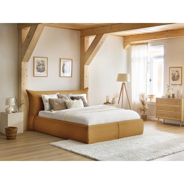 Rumena oblazinjena zakonska postelja s prostorom za shranjevanje z letvenim dnom 180x200 cm Jade – Bobochic Paris-image-1