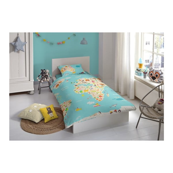 Otroško bombažno posteljno perilo Dobro jutro Zemljevid sveta, 140 x 200 cm-image-1