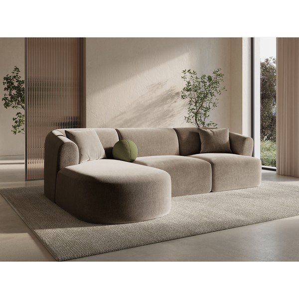 Svetlo rjava žametna kotna sedežna garnitura (levi kot/z ležalnikom) Campi – Cosmopolitan Design-image-1