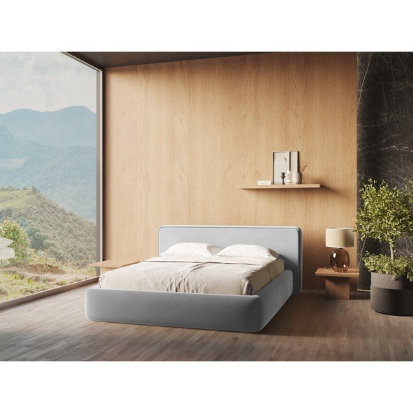 Siva oblazinjena zakonska postelja s prostorom za shranjevanje z letvenim dnom 180x200 cm Kiana – Makamii-image-1