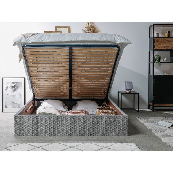 Svetlo siva oblazinjena zakonska postelja s prostorom za shranjevanje in letvenim dnom 160x200 cm Adele - Bobochic Paris-image-3