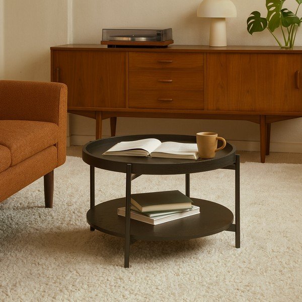 Črna okrogla klubska mizica v hrastovem dekorju ø 64 cm Hagen – Bonami Essentials-image-4