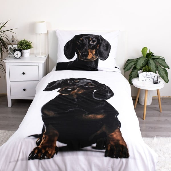 Črno-bela enojna bombažna otroška posteljnina 140x200 cm Dachshund – Jerry Fabrics-image-1