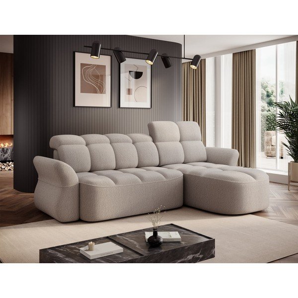 Bež raztegljiva/s prostorom za shranjevanje kotna sedežna garnitura iz tkanine bouclé (desni kot/z ležalnikom) Beneth – ELTAP-image-1