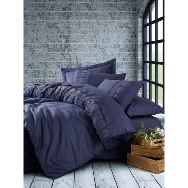 Temno modra bombažna posteljnina z rjuho Cotton Box Enzo, 200 x 220 cm