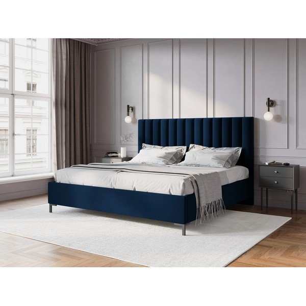 Temno modra oblazinjena zakonska postelja s prostorom za shranjevanje z letvenim dnom 200x200 cm Casey – Mazzini Beds-image-1