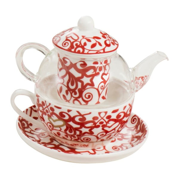 Komplet čajnika, skodelic s pladnjem in cedilom za čaj iz kostnega porcelana Brandani Abbracci Heart