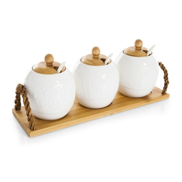Komplet 3 porcelanskih skodelic z žlicami na pladnju iz bambusa Bambum Pesta