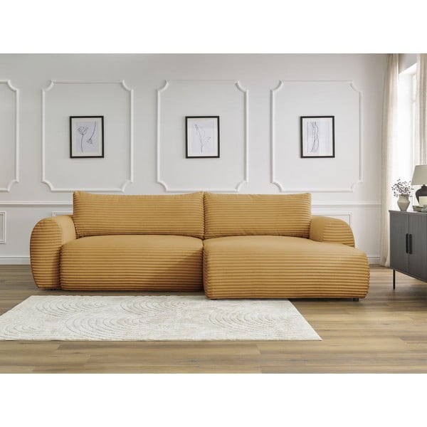 Gorčično rumena raztegljiva kotna sedežna garnitura iz rebrastega žameta (desni kot) Lucien – Bobochic Paris-image-1