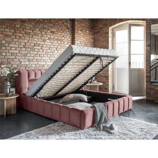 Rožnata oblazinjena zakonska postelja s prostorom za shranjevanje in z letvenim dnom 160x200 cm Lamica – ELTAP-image-4