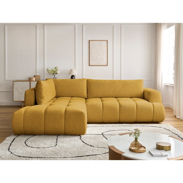 Gorčično rumena raztegljiva/s prostorom za shranjevanje kotna sedežna garnitura (levi kot/v obliki črke L) Fuji – Bobochic Paris-image-1