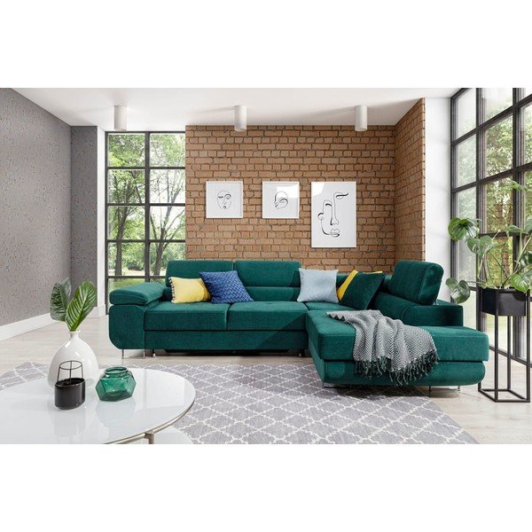 Zelena žametna raztegljiva/s prostorom za shranjevanje kotna sedežna garnitura (desni kot/v obliki črke L) Anton – ELTAP-image-1