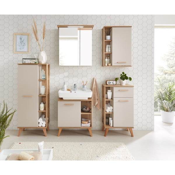 Kremno bela visoka kopalniška omarica v hrastovem dekorju 50,5x128 cm Quickset 966 – Pelipal-image-1