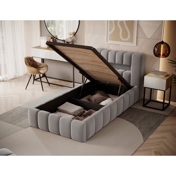 Siva oblazinjena postelja s prostorom za shranjevanje in z letvenim dnom 90x200 cm Lamica – ELTAP-image-2