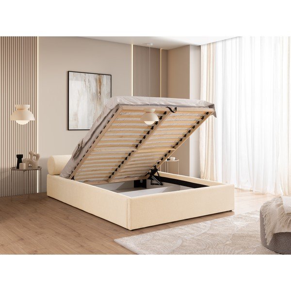 Kremno bela oblazinjena zakonska postelja s prostorom za shranjevanje z letvenim dnom 180x200 cm Cille – Ropez-image-4