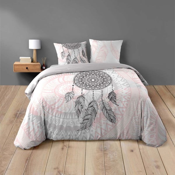 Bela/rožnata bombažna posteljnina za zakonsko posteljo 200x200 cm Namaste – douceur d'intérieur
