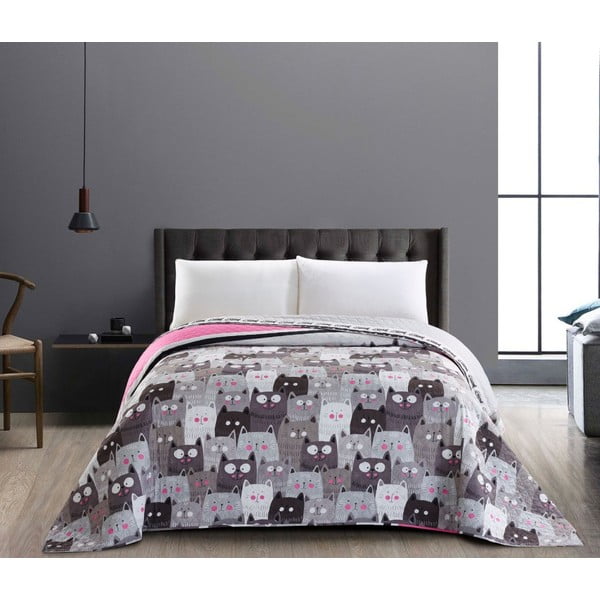 Obojestransko sivo posteljno pregrinjalo iz mikrovlaken DecoKing Cat Invasion, 260 x 280 cm