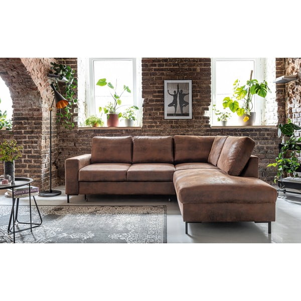 Rjava raztegljiva kotna sedežna garnitura iz umetnega usnja (desni kot) Lofty Lilly – Miuform-image-1