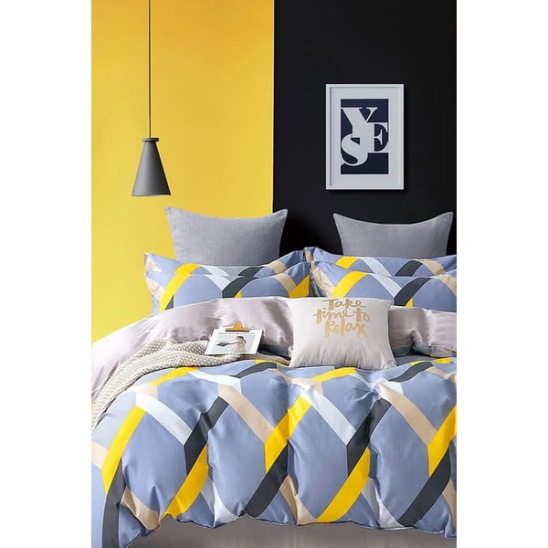 Rumeno-modra podaljšana posteljnina za zakonsko posteljo z rjuho 200x220 cm - Mila Home