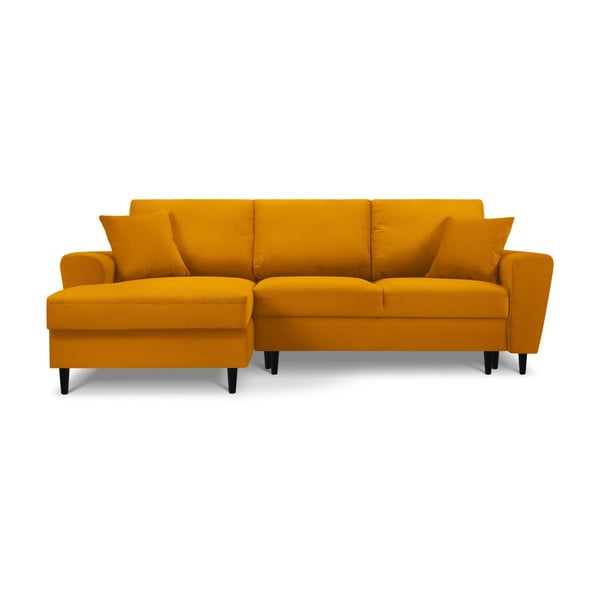 Gorčično rumena raztegljiva kotna sedežna garnitura s prostorom za shranjevanje iz rebrastega žameta (levi kot/z ležalnikom) Kyoto – Cosmopolitan Design