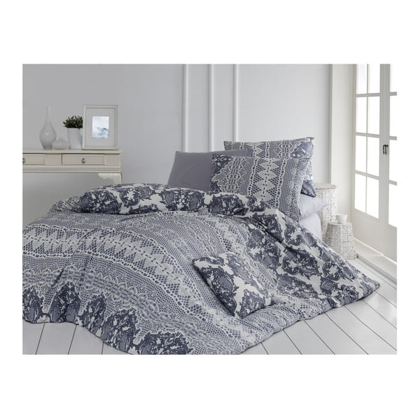 Siva bombažna posteljnina z rjuho za zakonsko posteljo Sueno, 200 x 220 cm