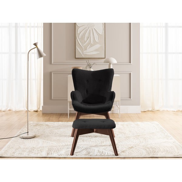 Črn fotelj z naslonjalom za noge iz rebrastega žameta Niko – Ropez-image-1