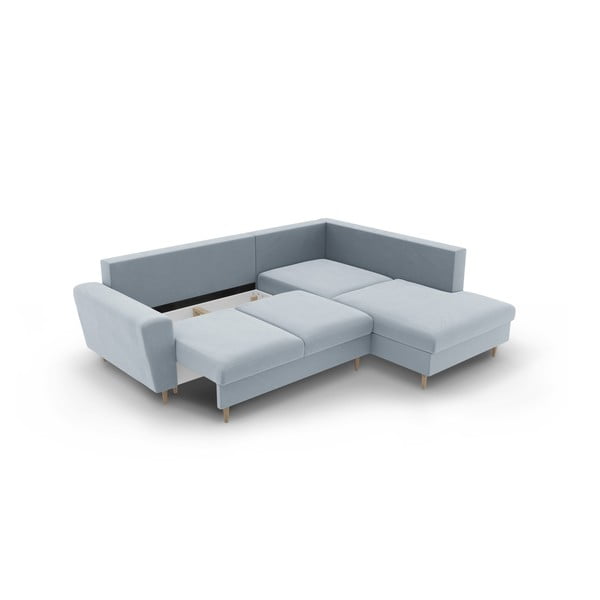 Svetlo modra žametna raztegljiva kotna sedežna garnitura s prostorom za shranjevanje (desni kot/v obliki črke L) Kyoto – Cosmopolitan Design-image-3