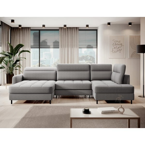 Svetlo siva žametna raztegljiva/s prostorom za shranjevanje kotna sedežna garnitura (desni kot/v obliki črke "U") Berrto – ELTAP-image-1