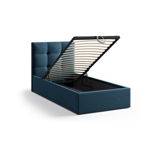 Modra oblazinjena postelja s prostorom za shranjevanje in z letvenim dnom 90x200 cm Phaedra – Micadoni -image-1
