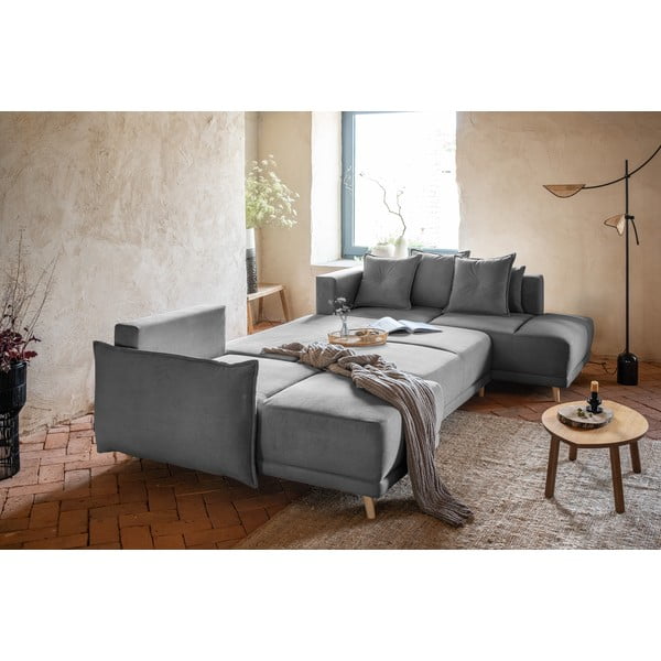 Siva raztegljiva kotna sedežna garnitura iz rebrastega žameta (desni kot/v obliki črke "U") Lazy Lukka – Miuform-image-4
