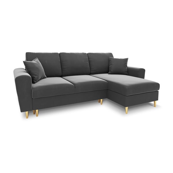 Svetlo siva žametna raztegljiva kotna sedežna garnitura s prostorom za shranjevanje Kyoto – Cosmopolitan Design