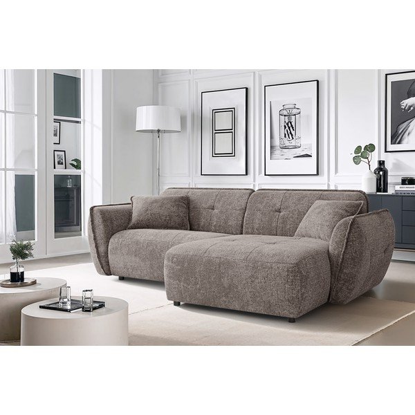 Sivorjava kotna sedežna garnitura iz šenilje (desni kot/z ležalnikom) Nelia – Ropez-image-1