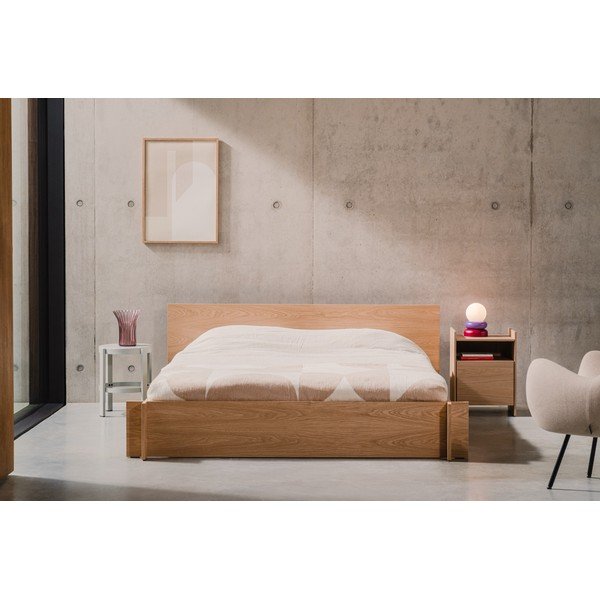 Zakonska postelja iz iverne plošče/iz vezane plošče v hrastovem dekorju z letvenim dnom 200x200 cm v naravni barvi Valt – noo.ma-image-2