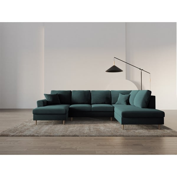 Modrozelena žametna raztegljiva kotna sedežna garnitura s prostorom za shranjevanje (desni kot/v obliki črke "U") Kyoto – Cosmopolitan Design-image-2