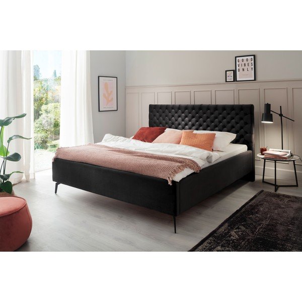 Črna oblazinjena zakonska postelja s prostorom za shranjevanje z letvenim dnom 180x200 cm La Maison – Meise Möbel-image-1